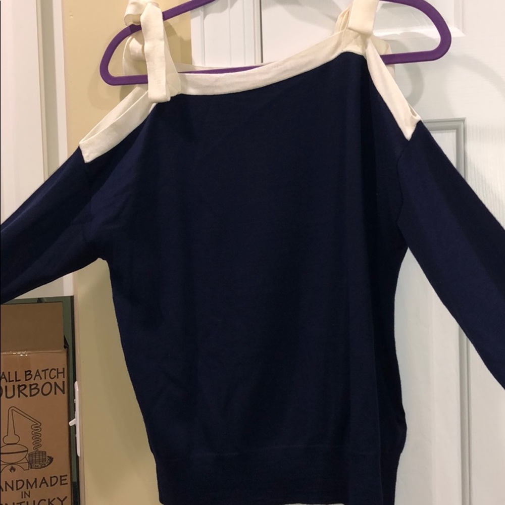 J. Crew Navy & Cream Off-the-Shoulder Sweater